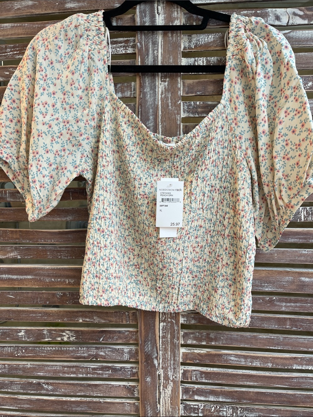 NWT Nordstrom Cream Floral Smocked Crop Top with Puff Sleeves